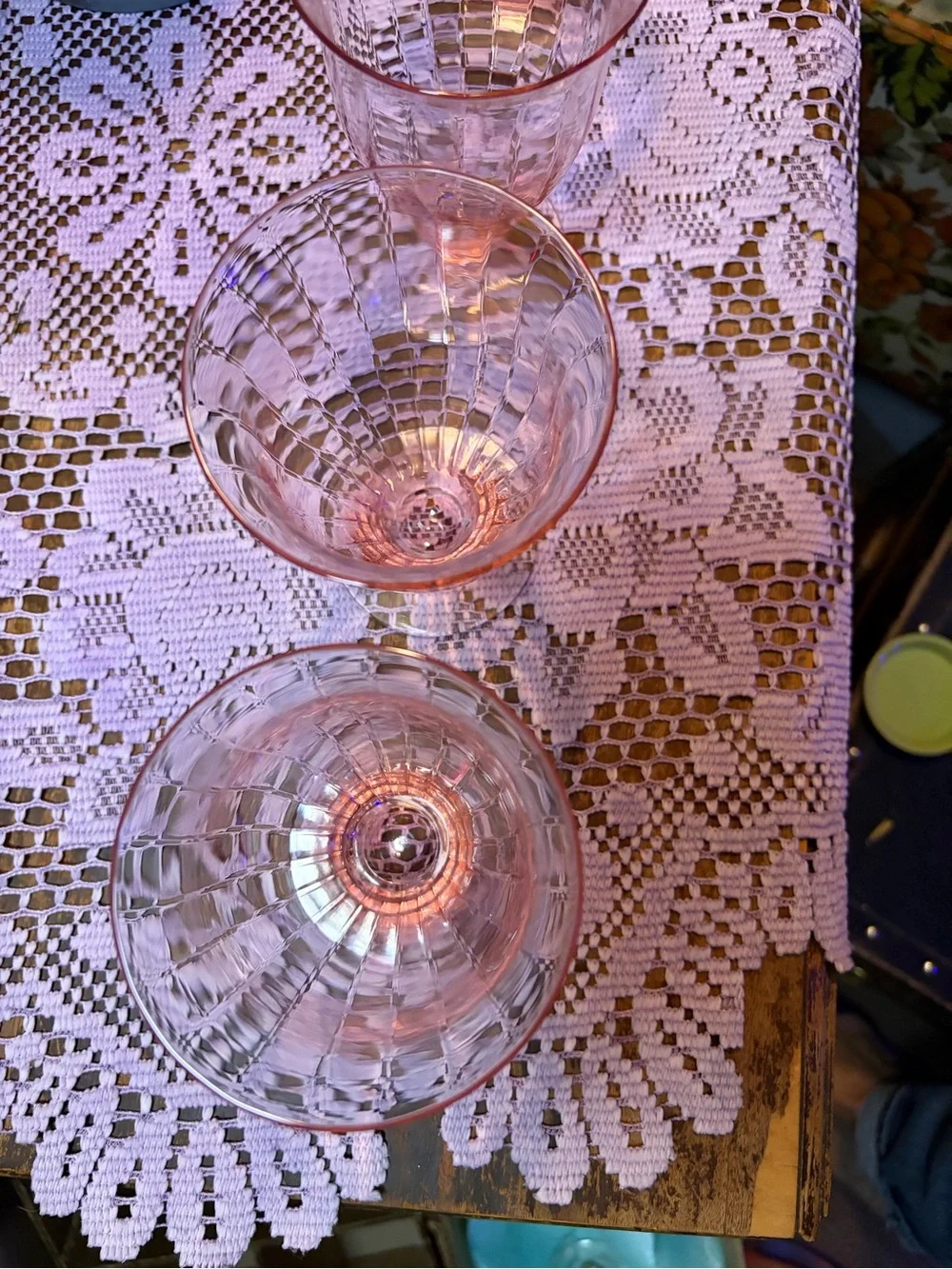 Vintage 1930s Pink Depression Glass Paneled Optic Footed Tumblers Set of 5 GLOWs